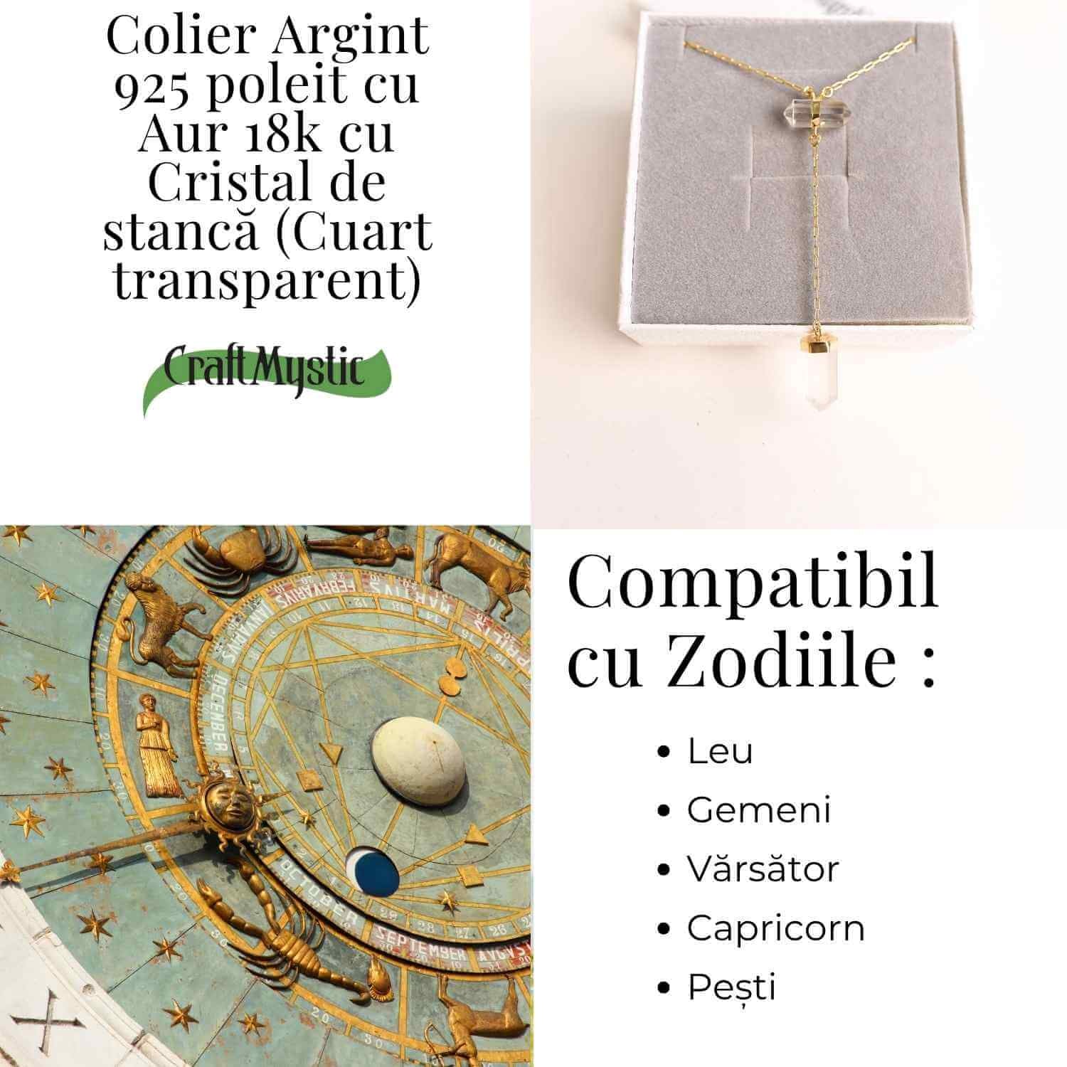 Colier Turnulet din Dublu Cuart de Stanca – Claritate Mentala si Protectie Energetica – Argint 925 Placat cu Aur 18K