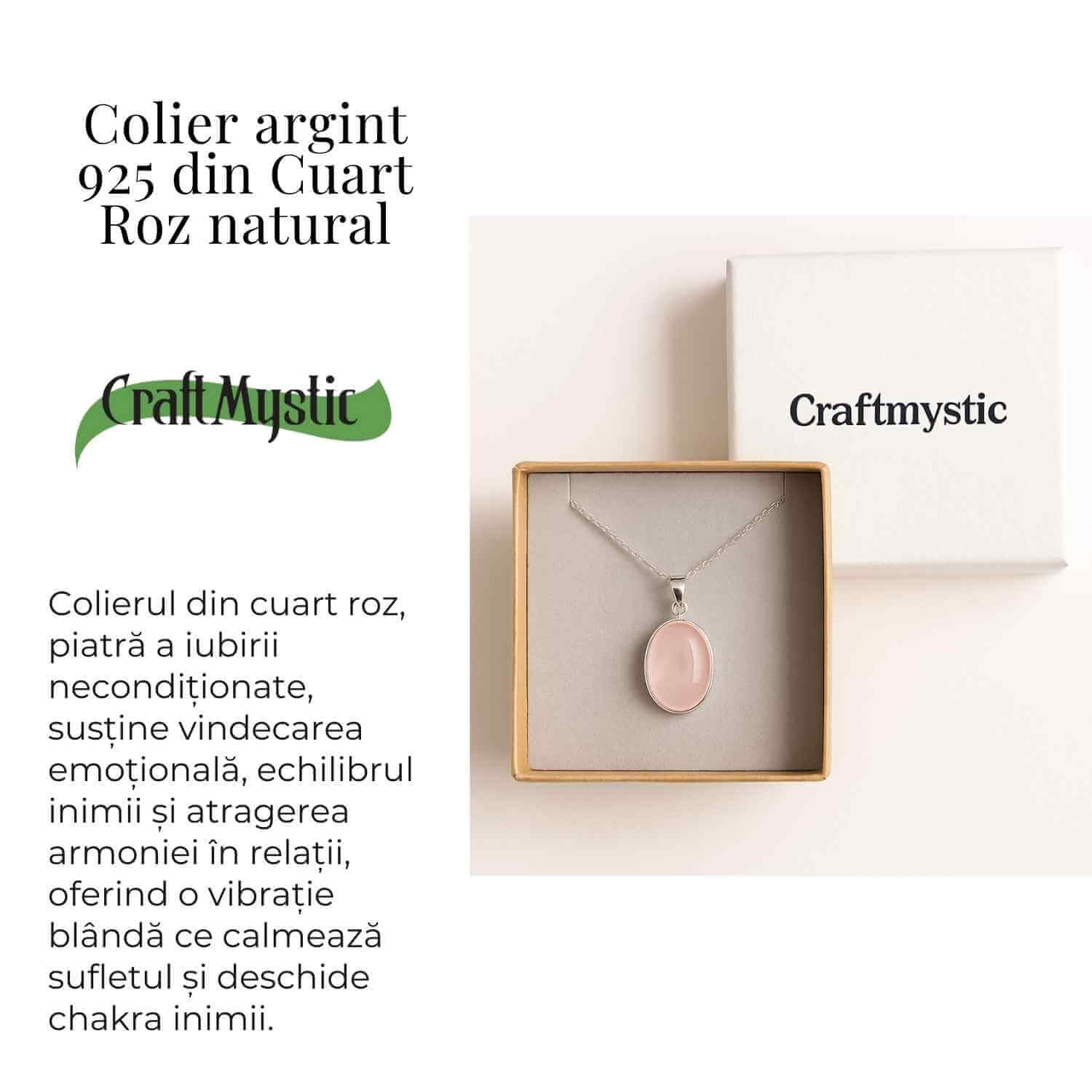 Colier montura argint 925 cu piatra naturala de Cuart Roz – Echilibru si iubire profunda