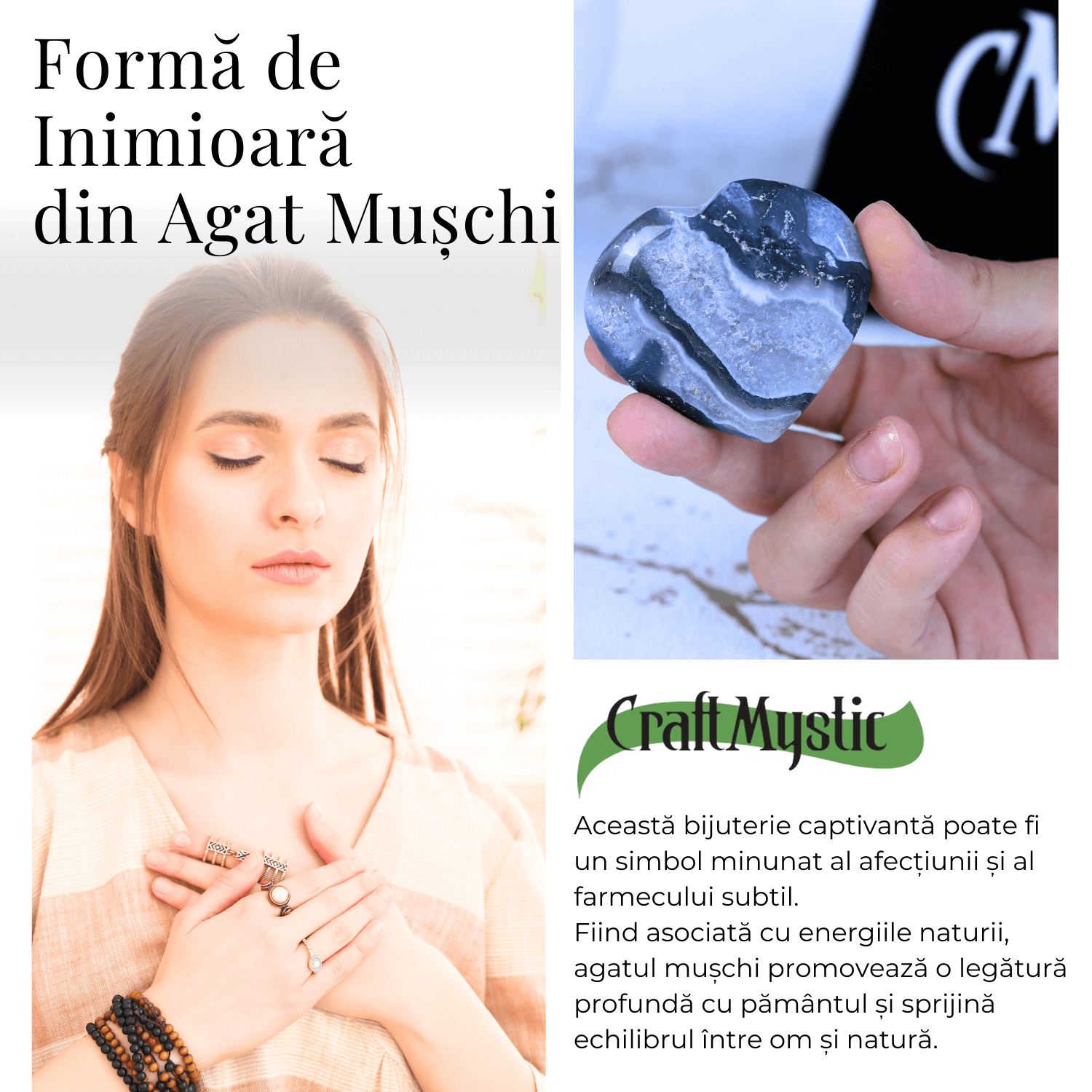Inimioara din Agat Muschi 50-55mm - Armonie si Vindecare