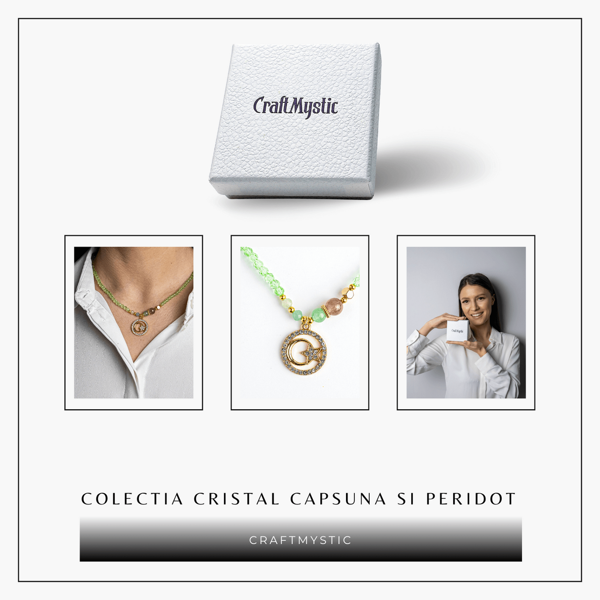 Colier Mistic cu Peridot, Cristal Capsuna si Simboluri Ceresti