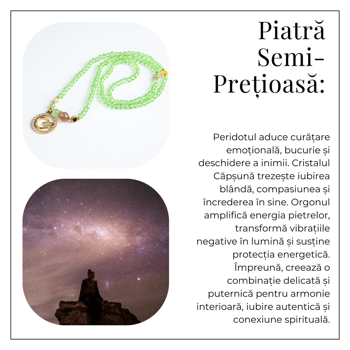 Colier Mistic cu Peridot, Cristal Capsuna si Simboluri Ceresti