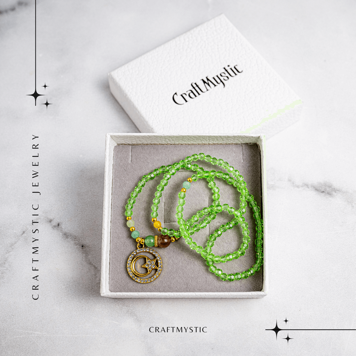 Colier Mistic cu Peridot, Cristal Capsuna si Simboluri Ceresti