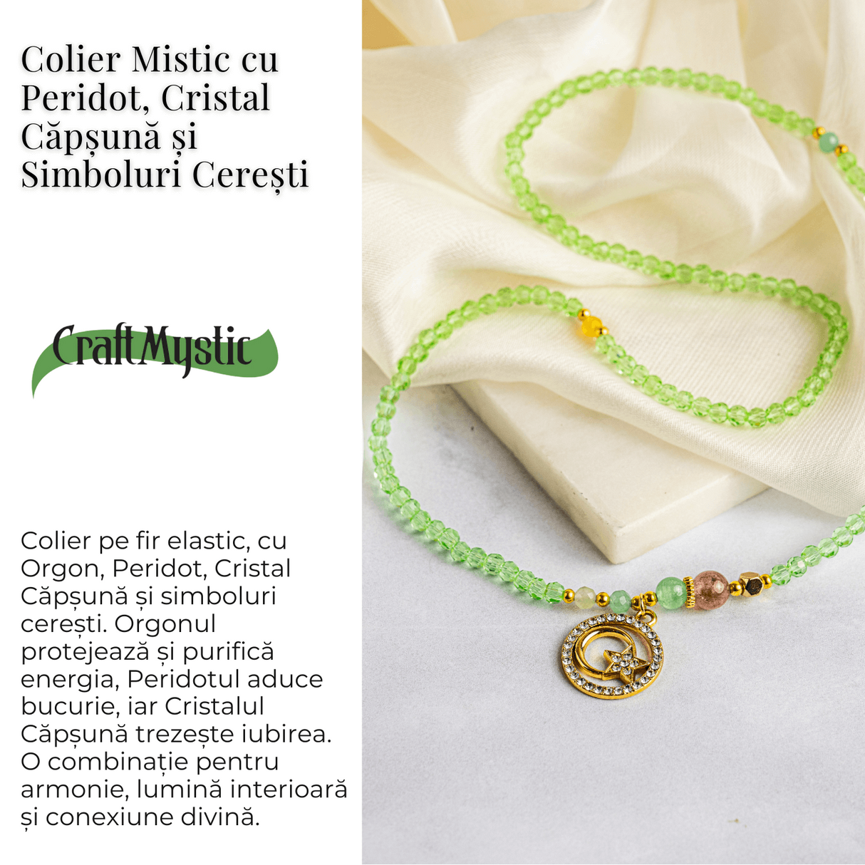 Colier Mistic cu Peridot, Cristal Capsuna si Simboluri Ceresti