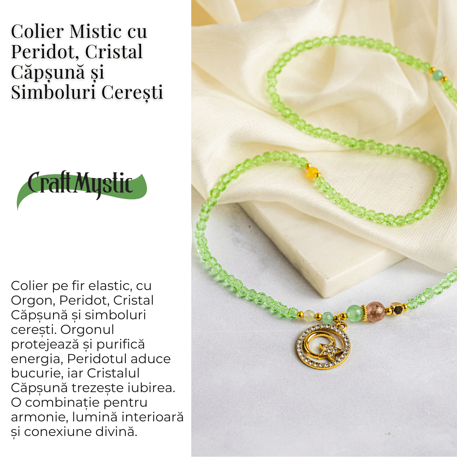 Colier Mistic cu Peridot, Cristal Capsuna si Simboluri Ceresti
