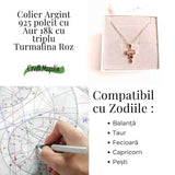 Iubire si Armonie Interioara – Colier inox si pandantiv argint 925 placat cu aur de18k si Triplu Turmalina Roz