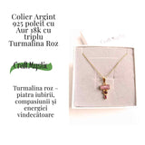 Iubire si Armonie Interioara – Colier inox si pandantiv argint 925 placat cu aur de18k si Triplu Turmalina Roz