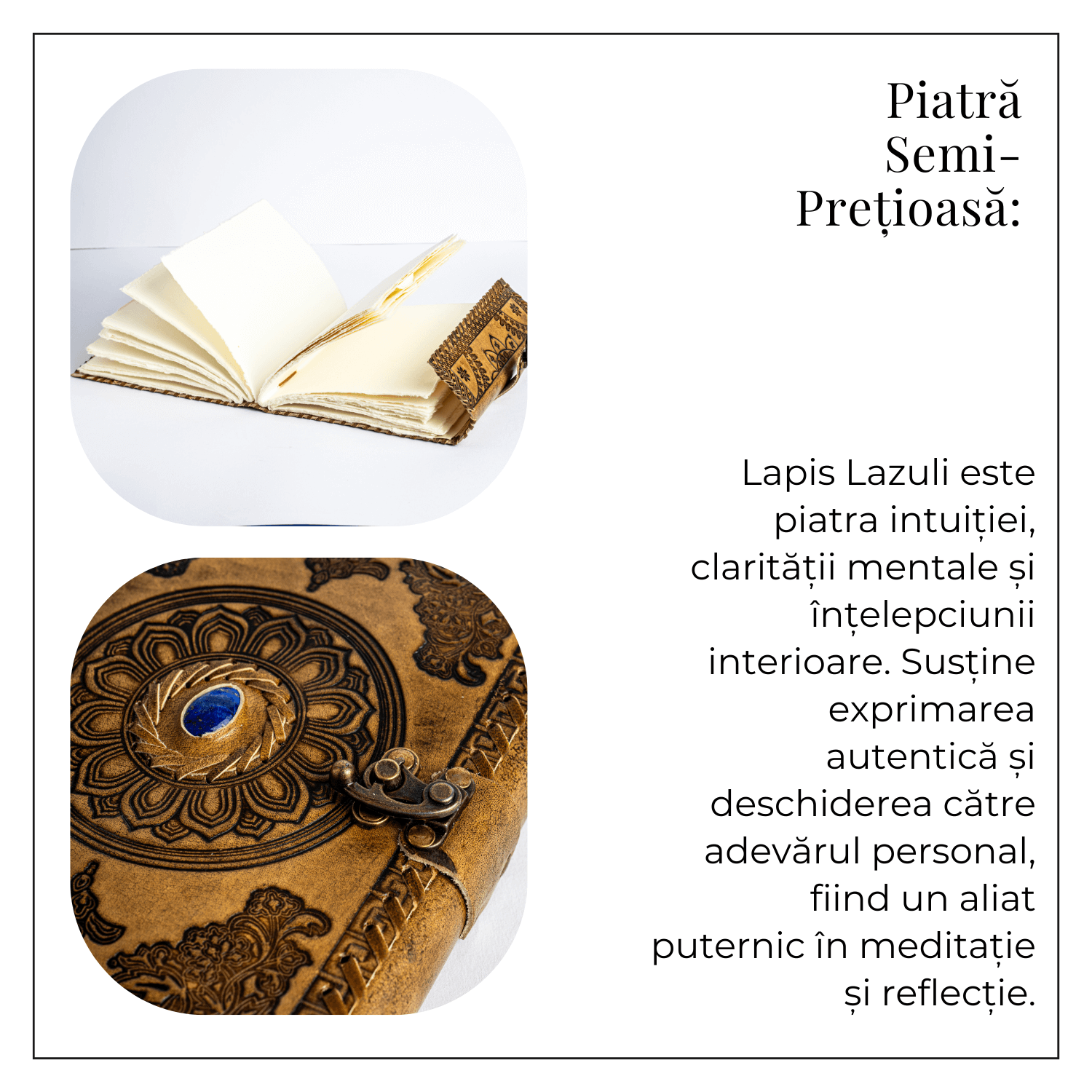 Jurnal din piela naturala autentic cu coperta gravata si piatra naturala Lapis Lazuli si hartie bumbac