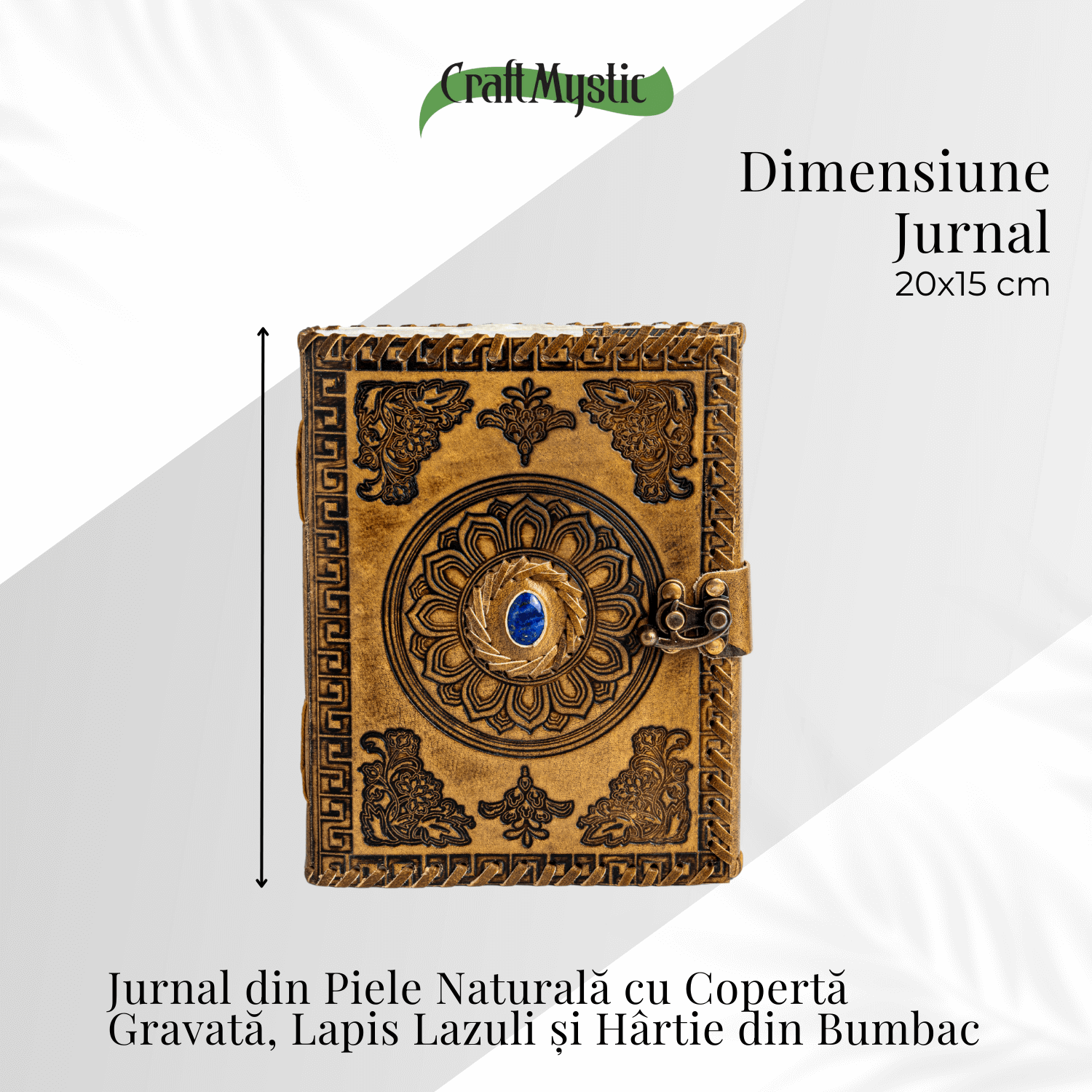 Jurnal din piela naturala autentic cu coperta gravata si piatra naturala Lapis Lazuli si hartie bumbac