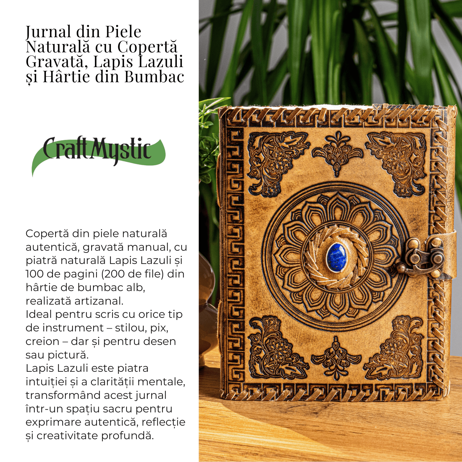 Jurnal din piela naturala autentic cu coperta gravata si piatra naturala Lapis Lazuli si hartie bumbac