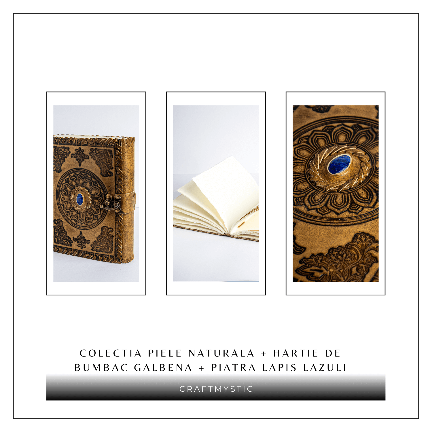 Jurnal din piela naturala autentic cu coperta gravata si piatra naturala Lapis Lazuli si hartie bumbac