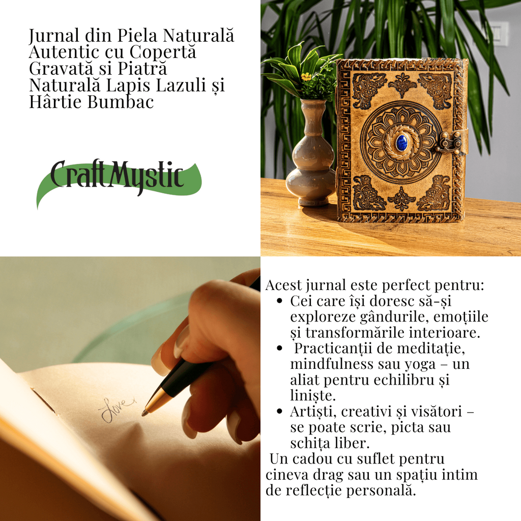 Jurnal din piela naturala autentic cu coperta gravata si piatra naturala Lapis Lazuli si hartie bumbac