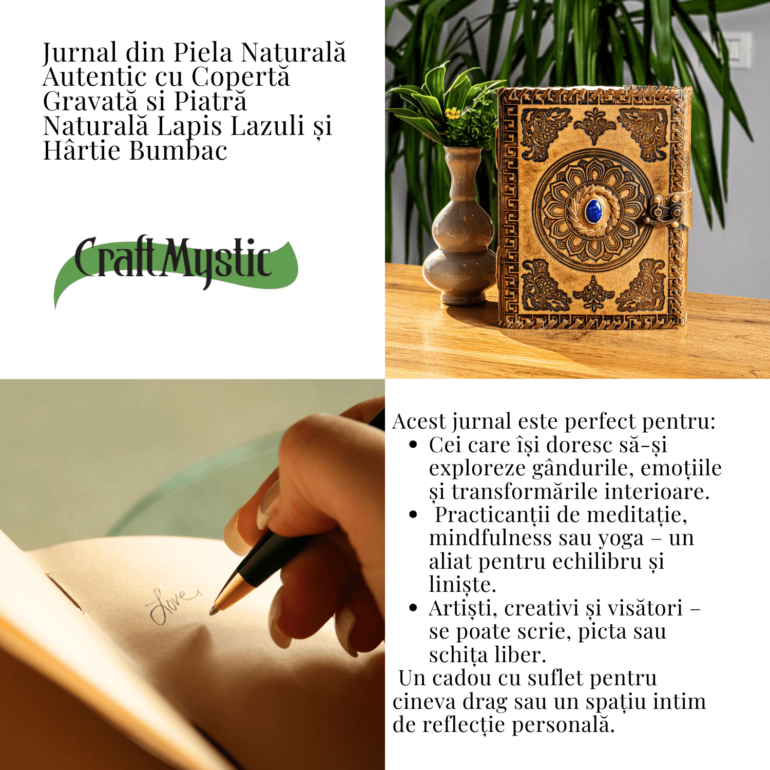 Jurnal din piela naturala autentic cu coperta gravata si piatra naturala Lapis Lazuli si hartie bumbac
