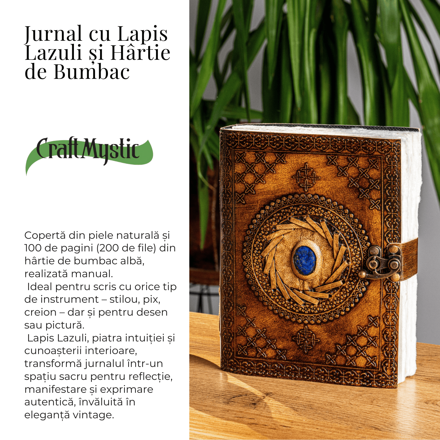 Jurnal din piele naturala cu Lapis Lazuli si hartie de bumbac – Calatorie interioara in stil vintage