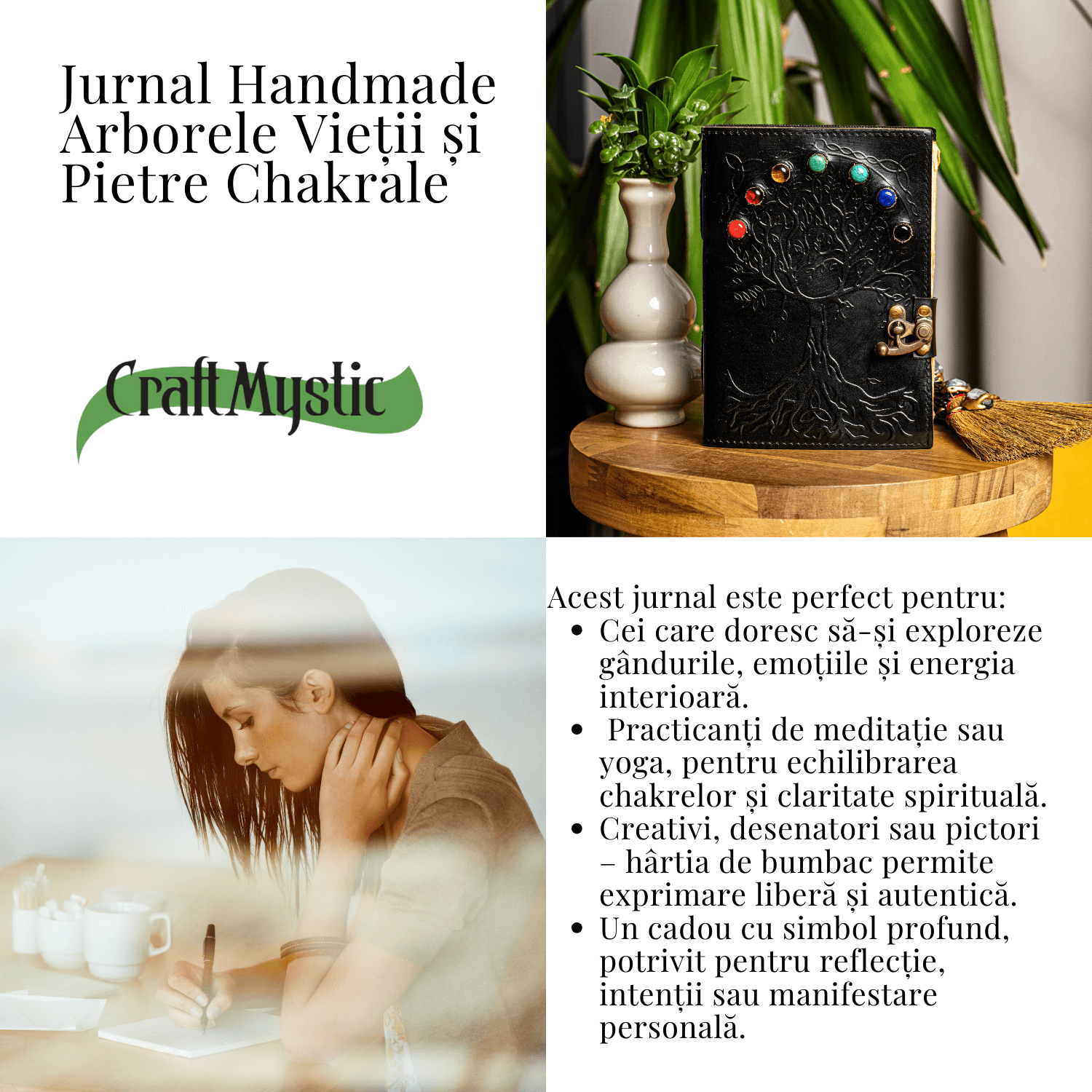 Jurnal Vintage Negru cu Arborele Vietii si 7 Pietre Chakre