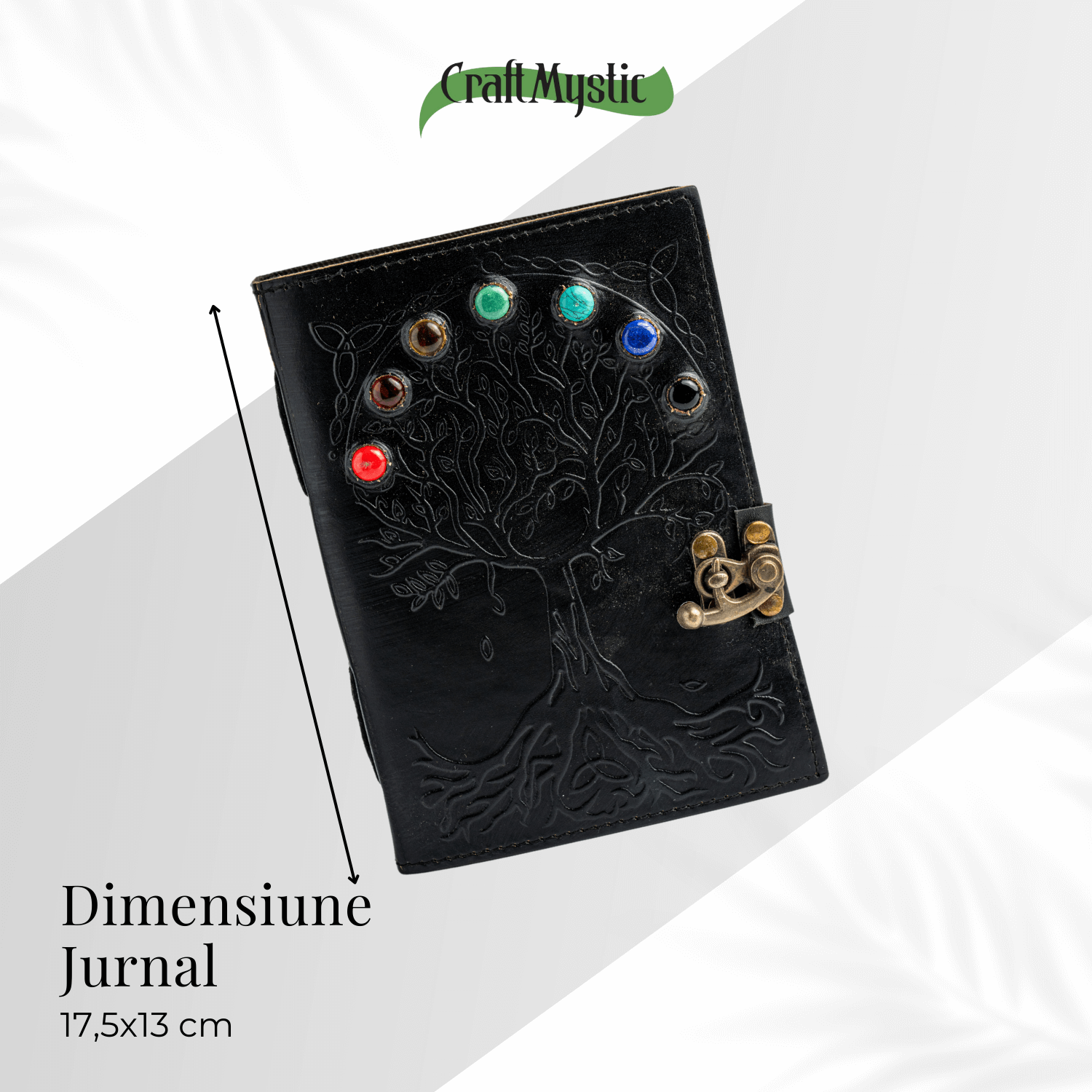 Jurnal Vintage Negru cu Arborele Vietii si 7 Pietre Chakre