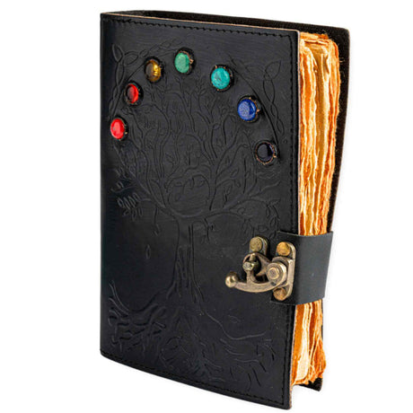 Jurnal Vintage Negru cu Arborele Vietii si 7 Pietre Chakre - Handmade, Piele Naturala