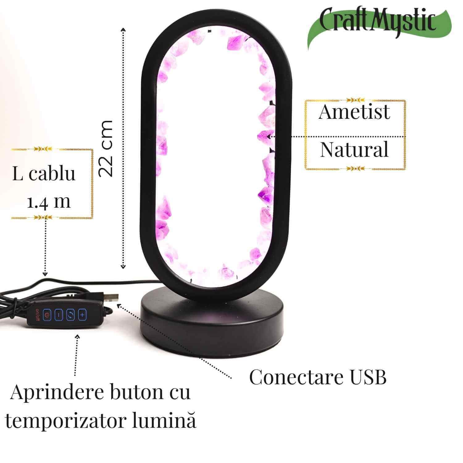 Lampa de noapte ovala cu cristale ametist brut – Lumina calmanta si protectie energetica
