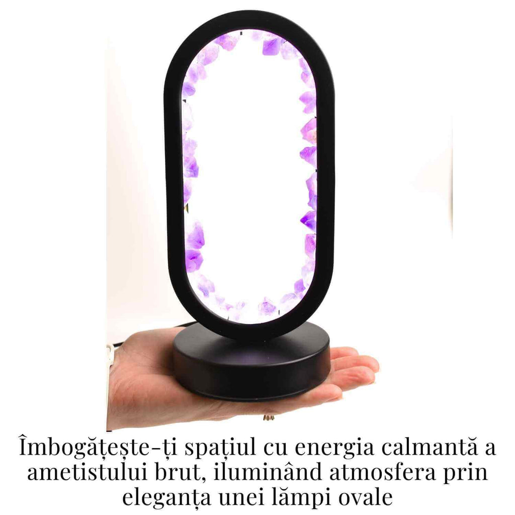 Lampa de noapte ovala cu cristale ametist brut – Lumina calmanta si protectie energetica