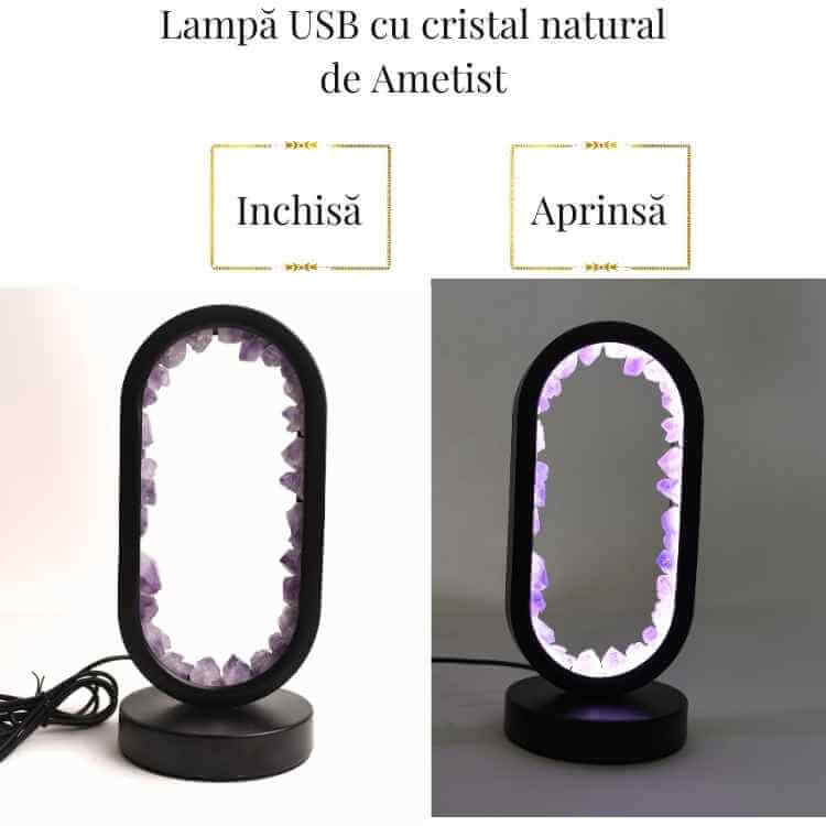 Lampa de noapte ovala cu cristale ametist brut – Lumina calmanta si protectie energetica
