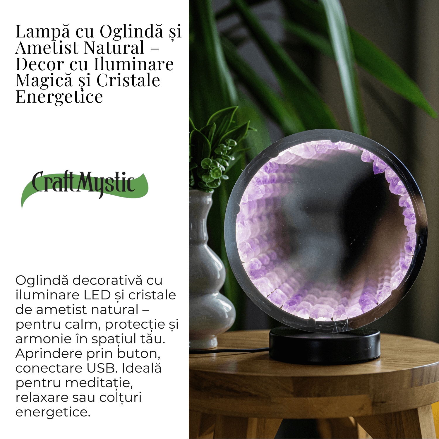 Lampa cu Oglinda si Ametist Natural – Decor cu Iluminare Magica si Cristale Energetice