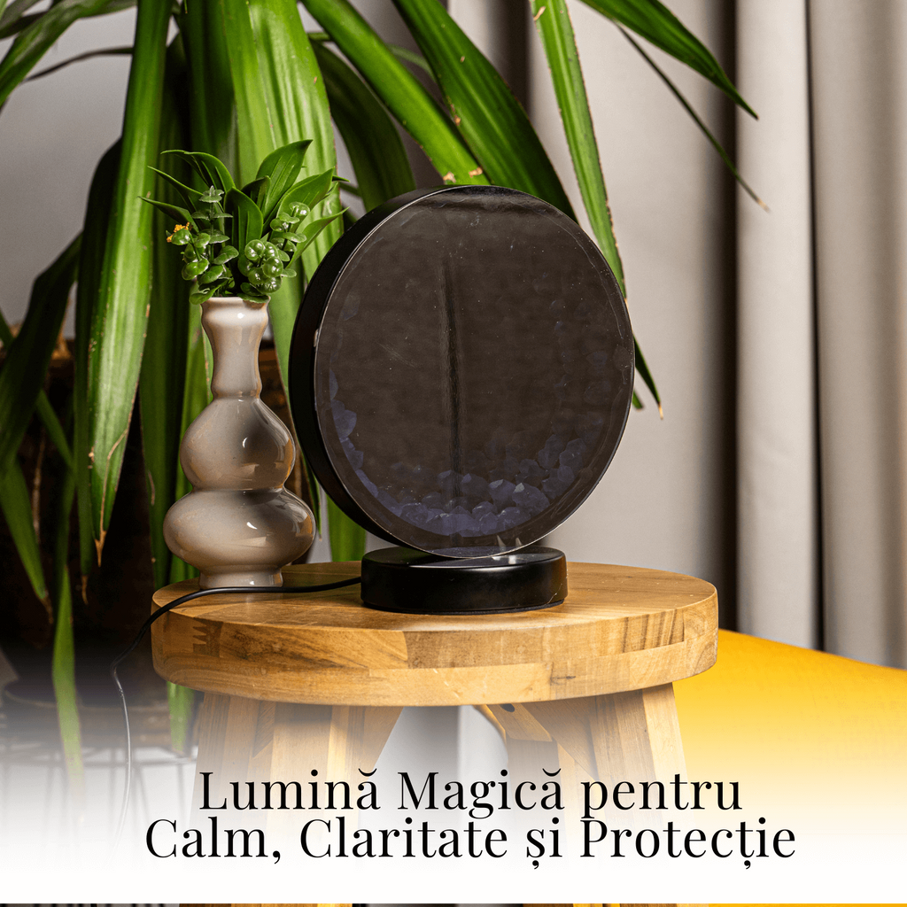 Lampa cu Oglinda si Ametist Natural – Decor cu Iluminare Magica si Cristale Energetice