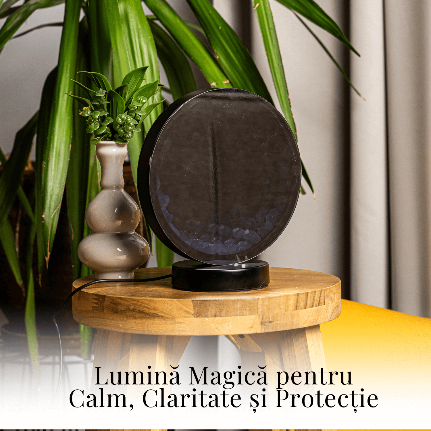 Lampa cu Oglinda si Ametist Natural – Decor cu Iluminare Magica si Cristale Energetice