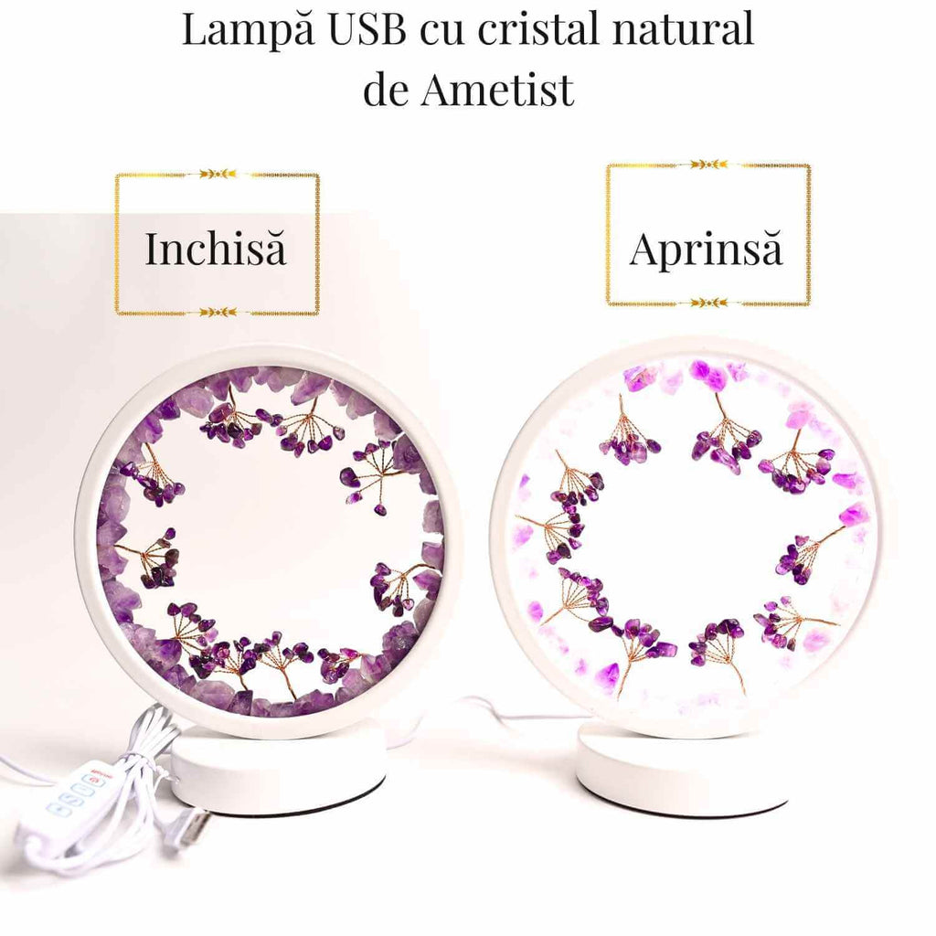 Lampa de noapte rotunda cu cristale ametist brut si rulat – energie pozitiva pentru relaxare