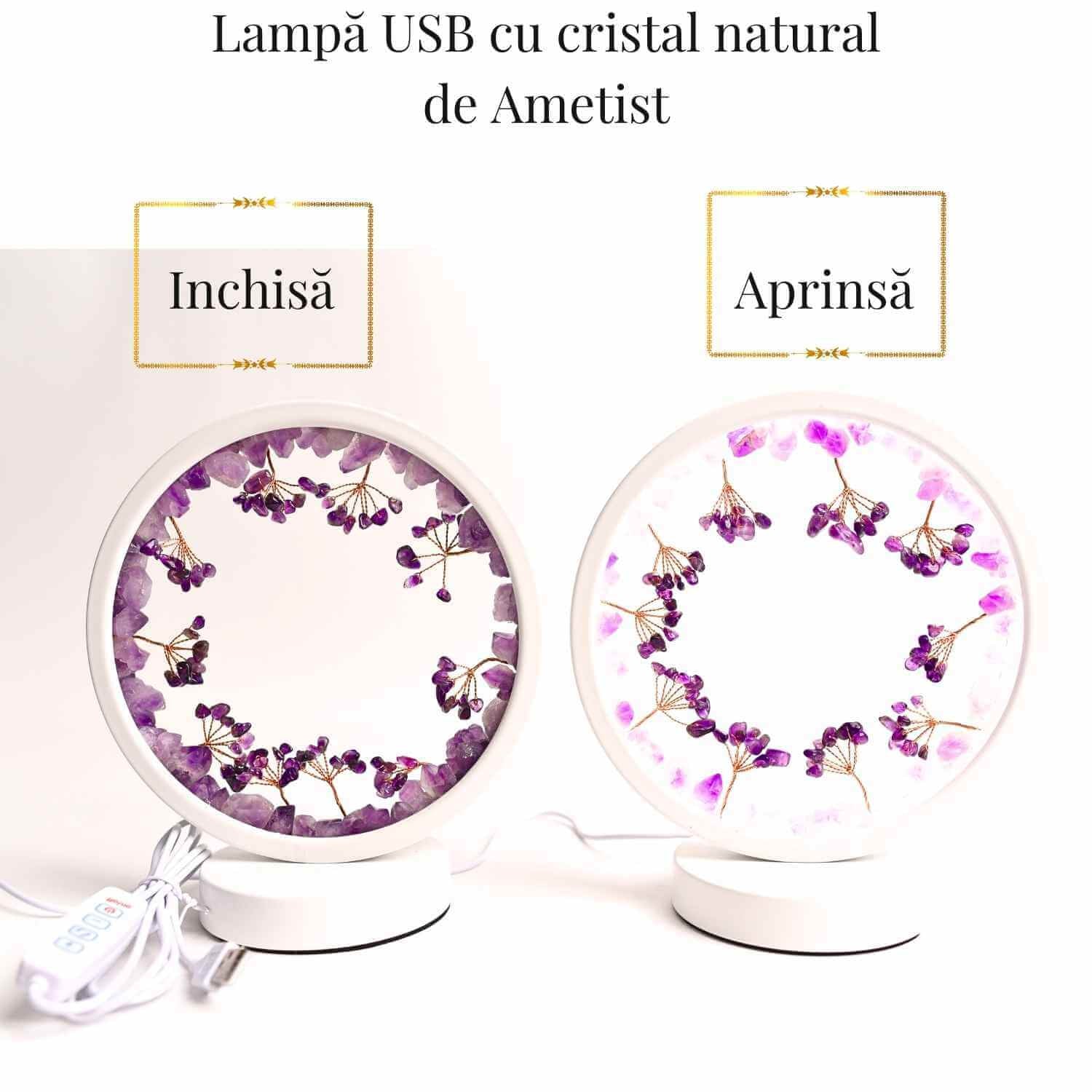 Lampa de noapte rotunda cu cristale ametist brut si rulat – energie pozitiva pentru relaxare
