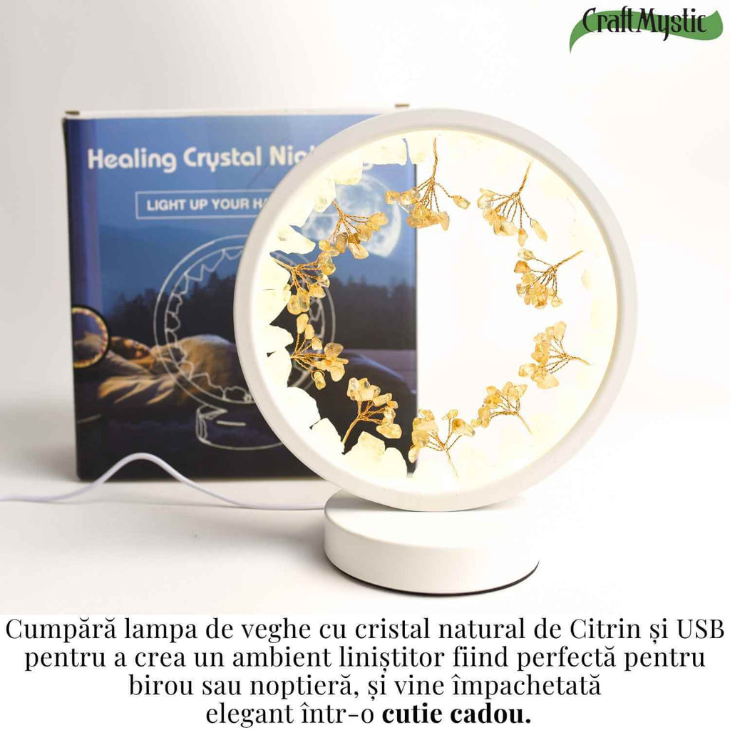 Lampa de Noapte Rotunda cu Cristale Citrin Brut si Rulat – Energie Pozitiva si Calm pentru Casa Ta