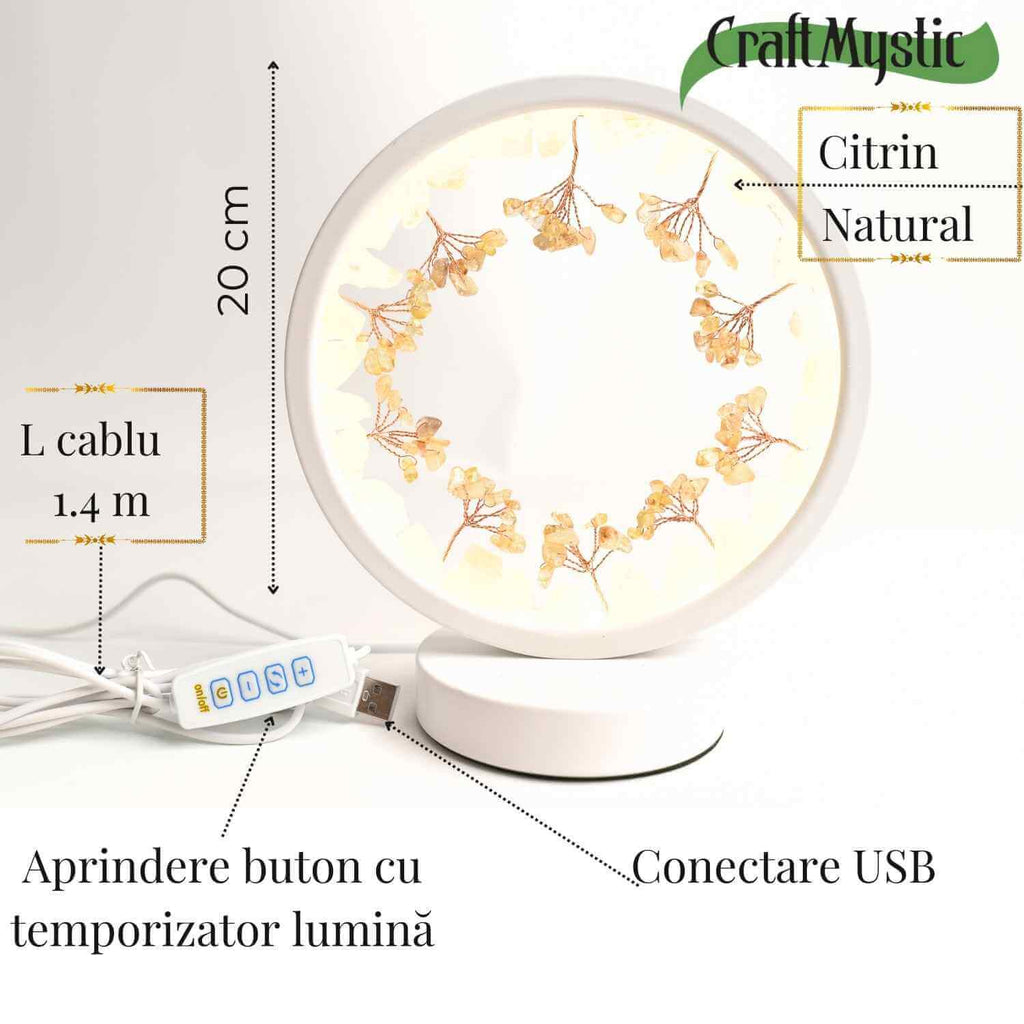 Lampa de Noapte Rotunda cu Cristale Citrin Brut si Rulat – Energie Pozitiva si Calm pentru Casa Ta