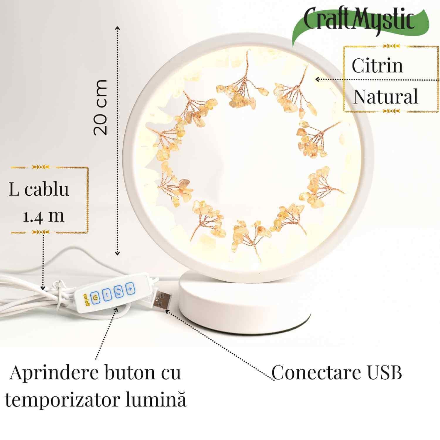 Lampa de Noapte Rotunda cu Cristale Citrin Brut si Rulat – Energie Pozitiva si Calm pentru Casa Ta