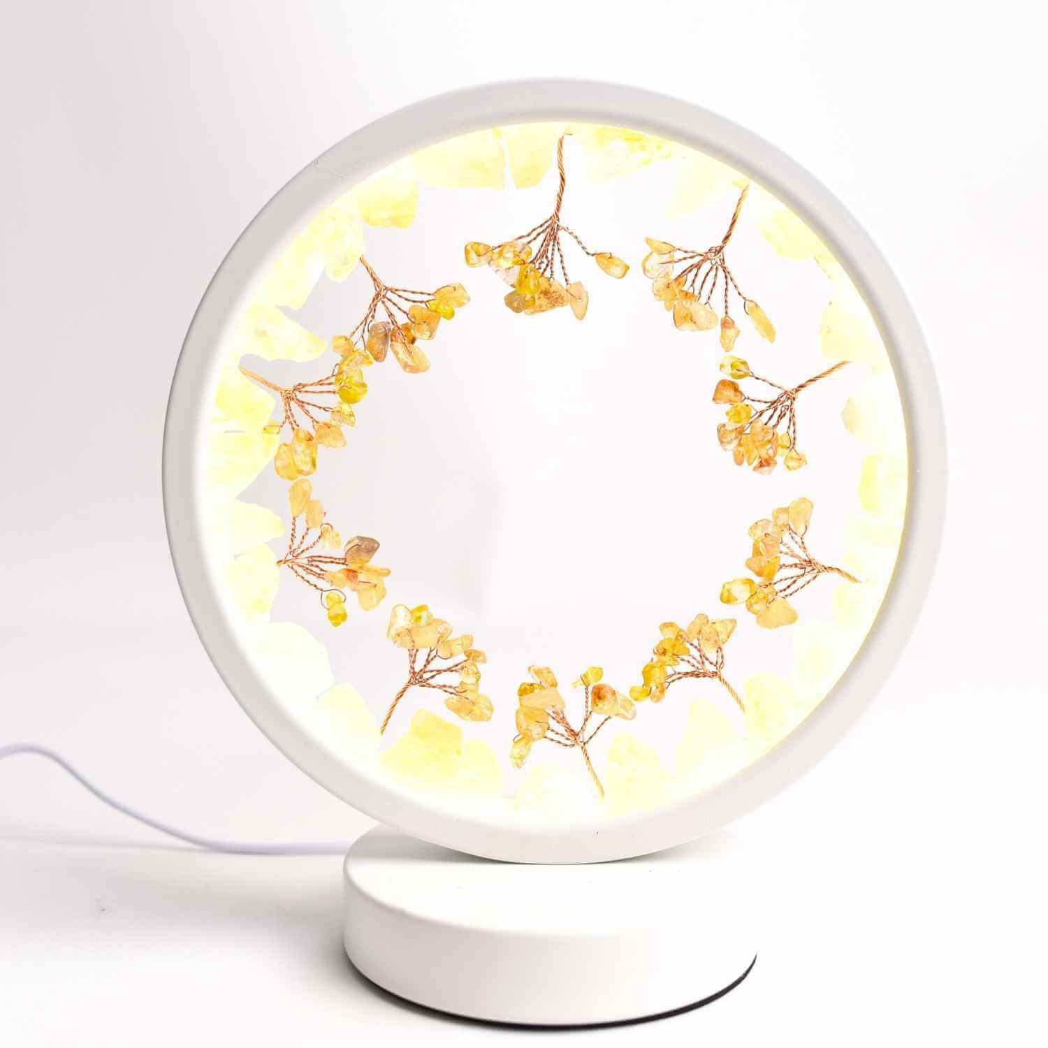 Lampa de Noapte Rotunda cu Cristale Citrin Brut si Rulat – Energie Pozitiva si Calm pentru Casa Ta