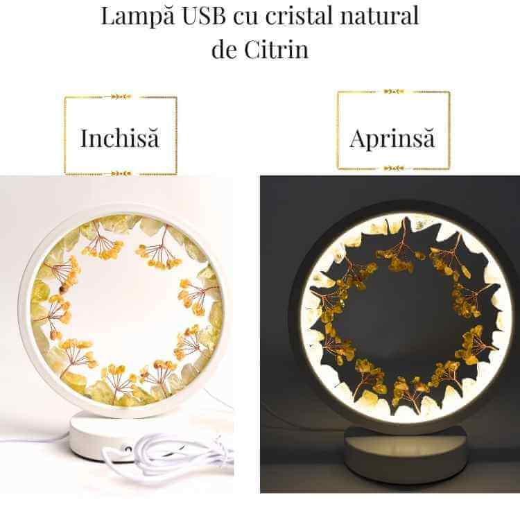 Lampa de Noapte Rotunda cu Cristale Citrin Brut si Rulat – Energie Pozitiva si Calm pentru Casa Ta