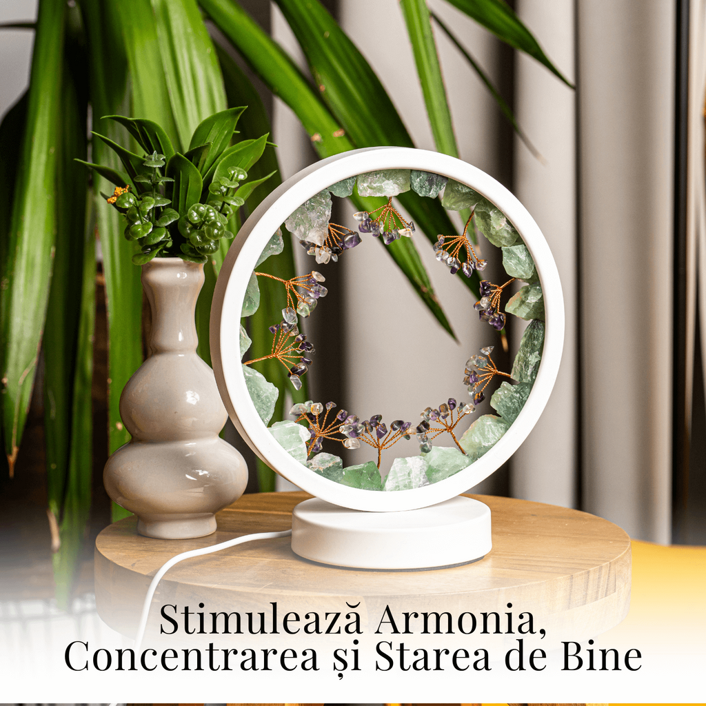 Lampa decorativa cu fluorit verde si curcubeu – Conectare USB – Claritate mentala si armonie interioara
