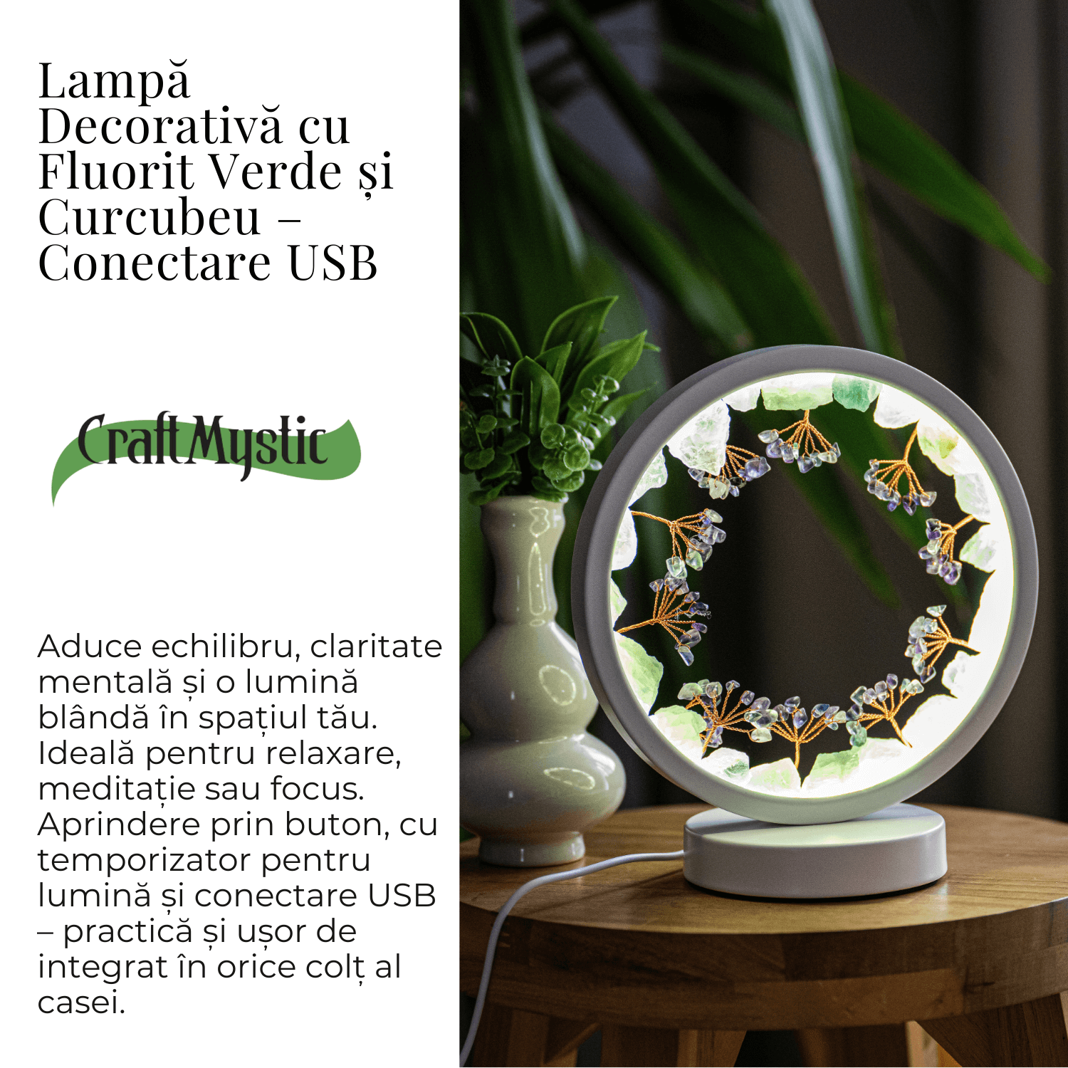 Lampa decorativa cu fluorit verde si curcubeu – Conectare USB – Claritate mentala si armonie interioara