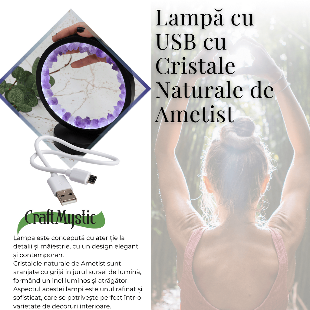 Lampa rotunda de Noapte Naturala cu Cristal de Ametist