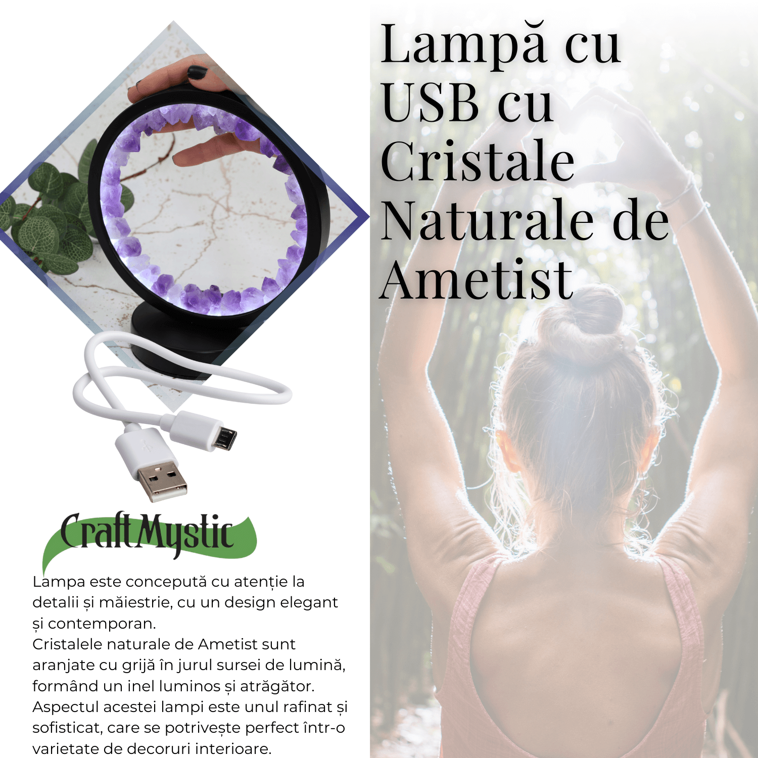 Lampa rotunda de Noapte Naturala cu Cristal de Ametist