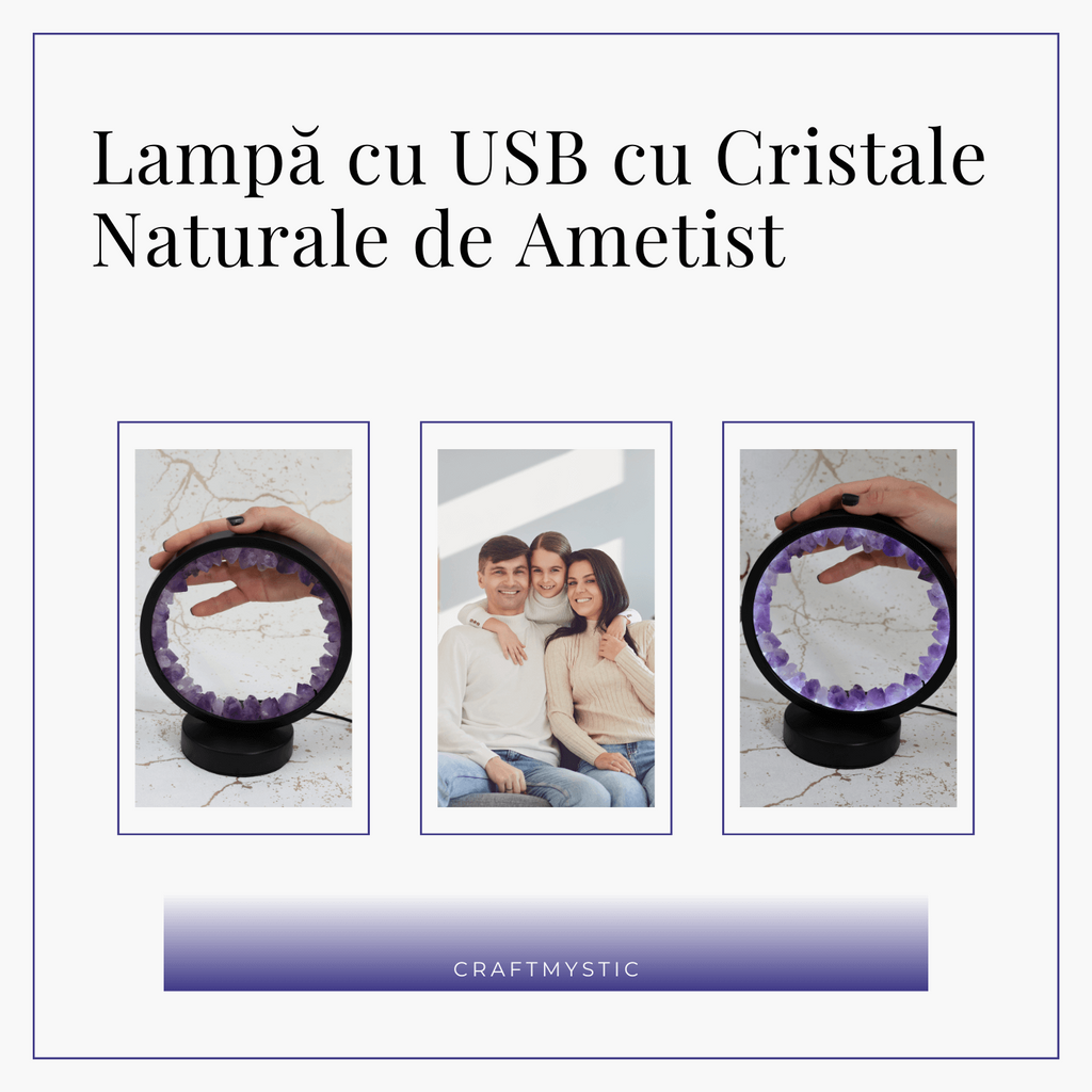 Lampa rotunda de Noapte Naturala cu Cristal de Ametist