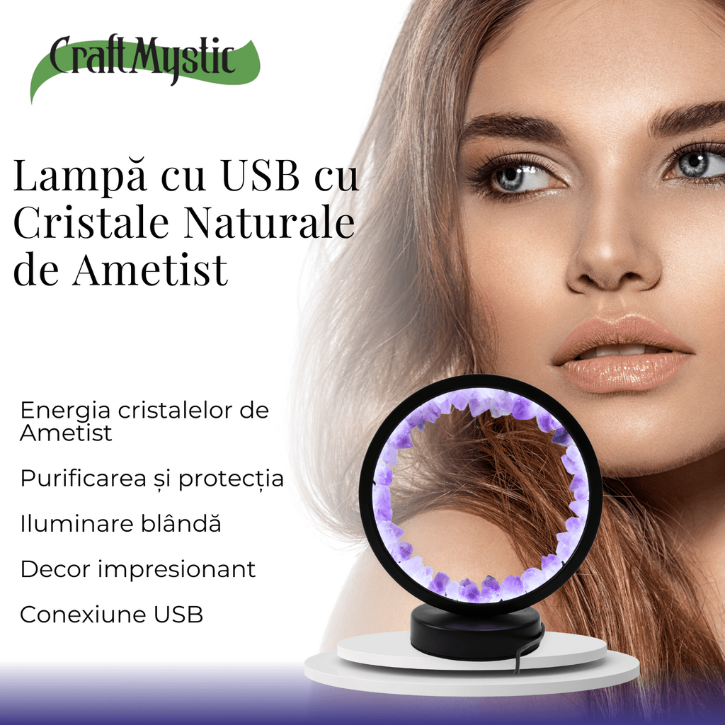 Lampa rotunda de Noapte Naturala cu Cristal de Ametist