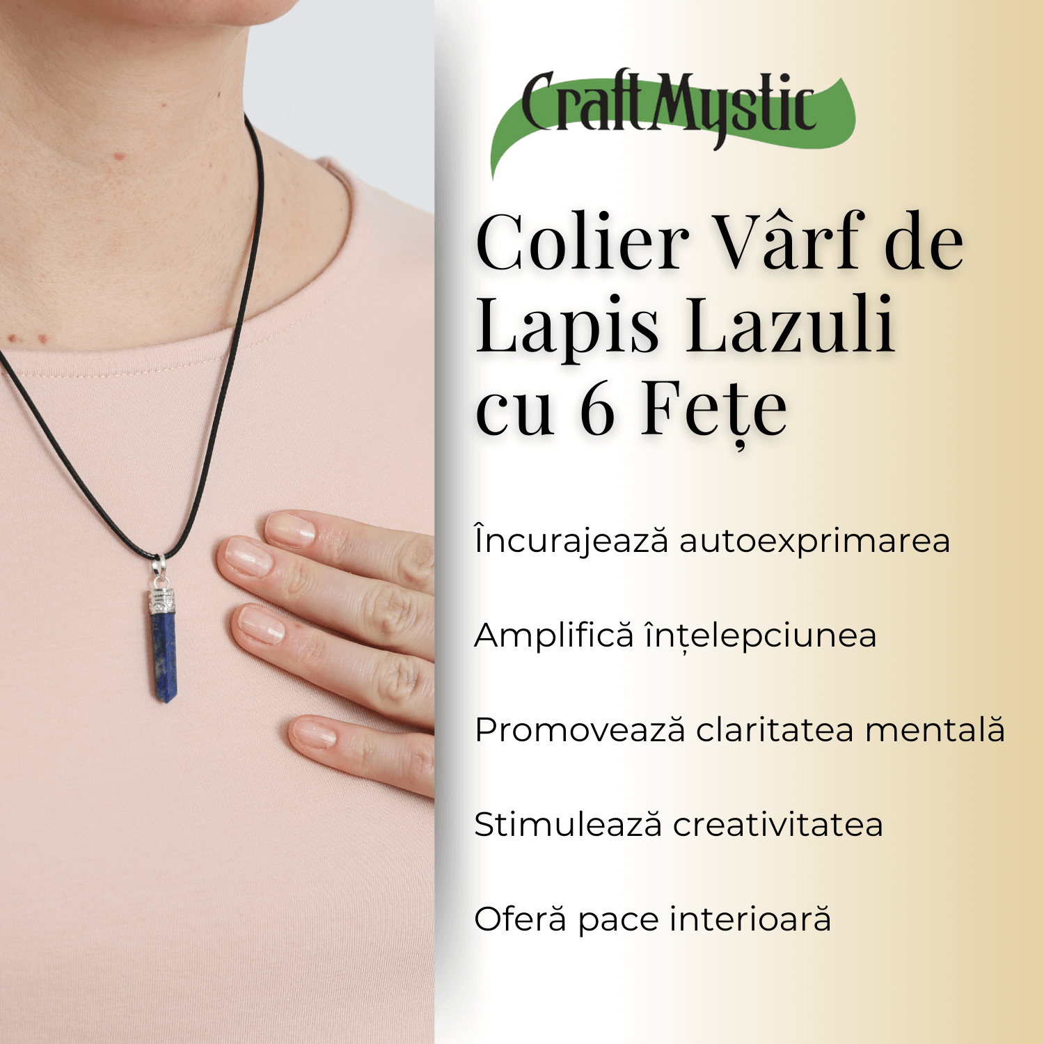 Colier Reglabil cu Pandantiv 35mm Varf de Lapis Lazuli cu 6 Fete