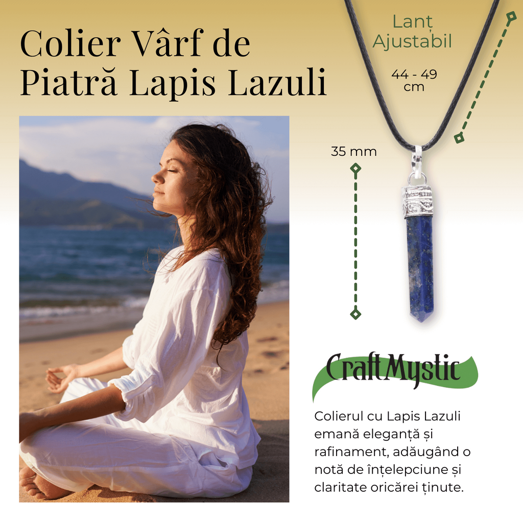 Colier Reglabil cu Pandantiv 35mm Varf de Lapis Lazuli cu 6 Fete