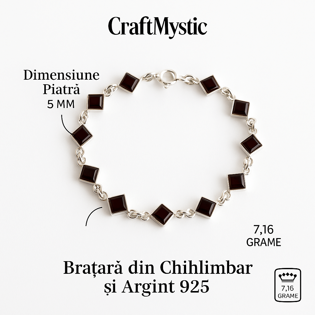 Bratara montura argint 925 cu chihlimbar rosu inchis – Geometrie si rafinament natural