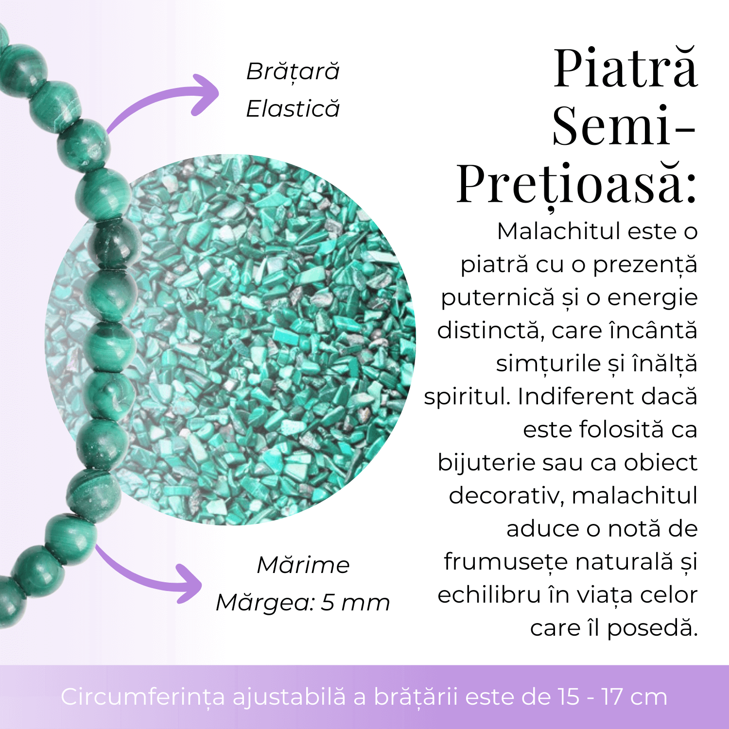 Bratara Elastica cu Margele 5mm din Malachit Semipretios Natural