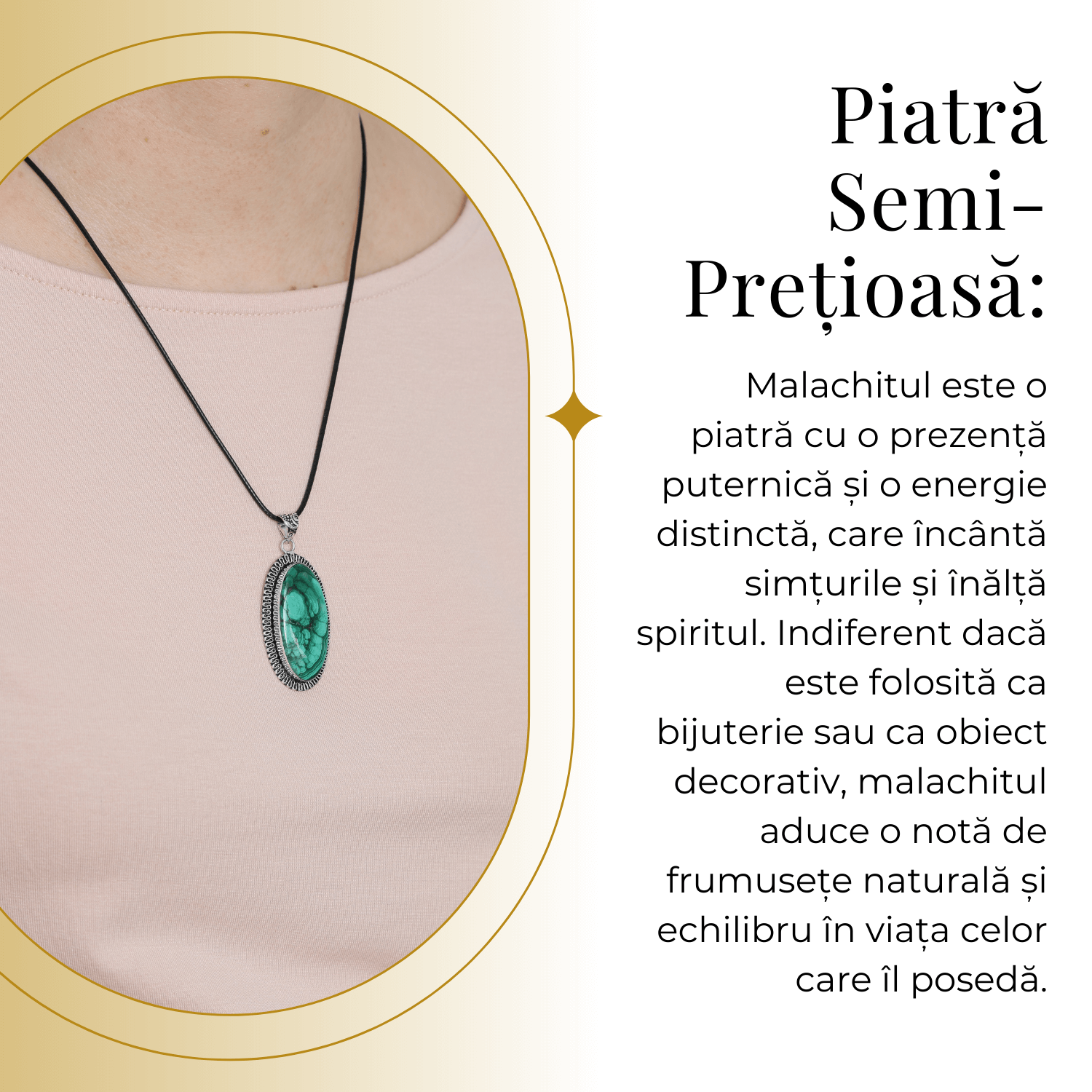 Colier Reglabil cu Pandantiv Argintiu 40mm in Forma Ovala din Malachit Natural