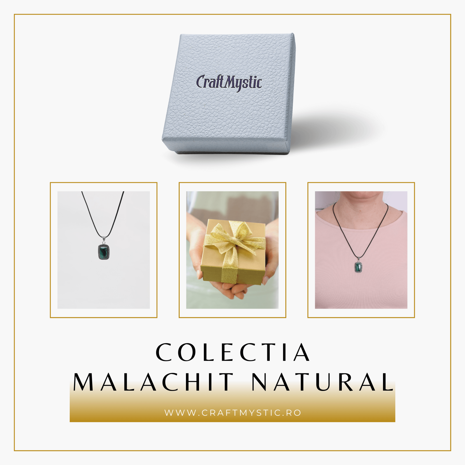 Colier Reglabil cu Pandantiv Argintiu 40mm in Forma Dreptunghiulara din Malachit Natural