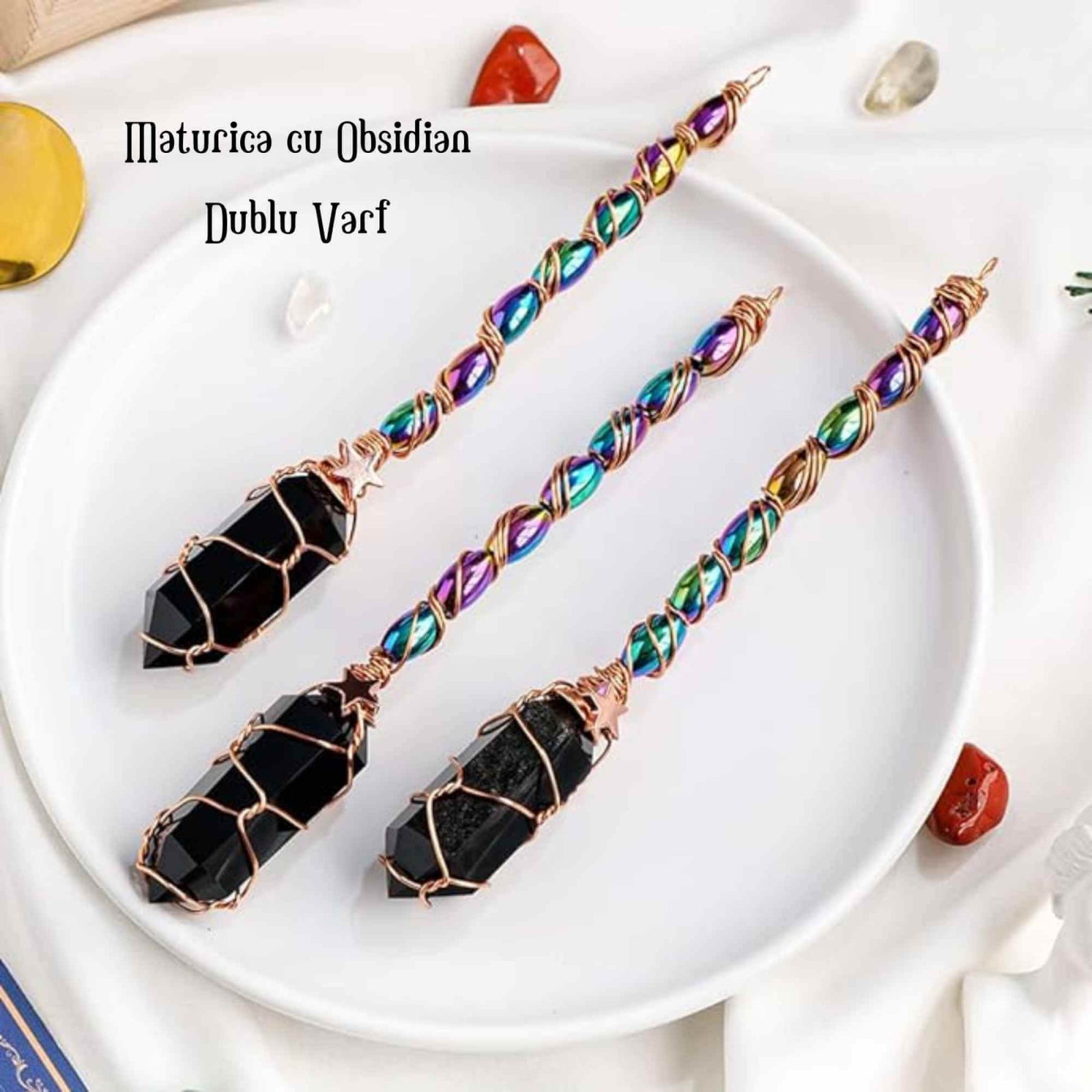 Maturica Decorativa 14 cm cu Obsidian Dublu varf Natural Ornament Handmade Perfect pentru Energie Pozitiva si Noroc in Viata
