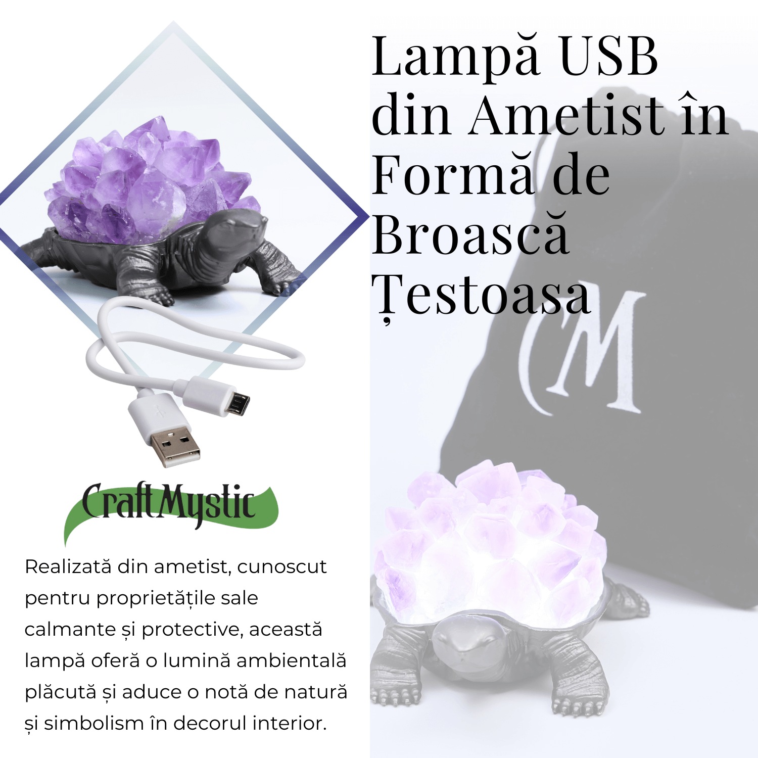 Mini Lampa Broasca Testoasa cu Cristale de Ametist