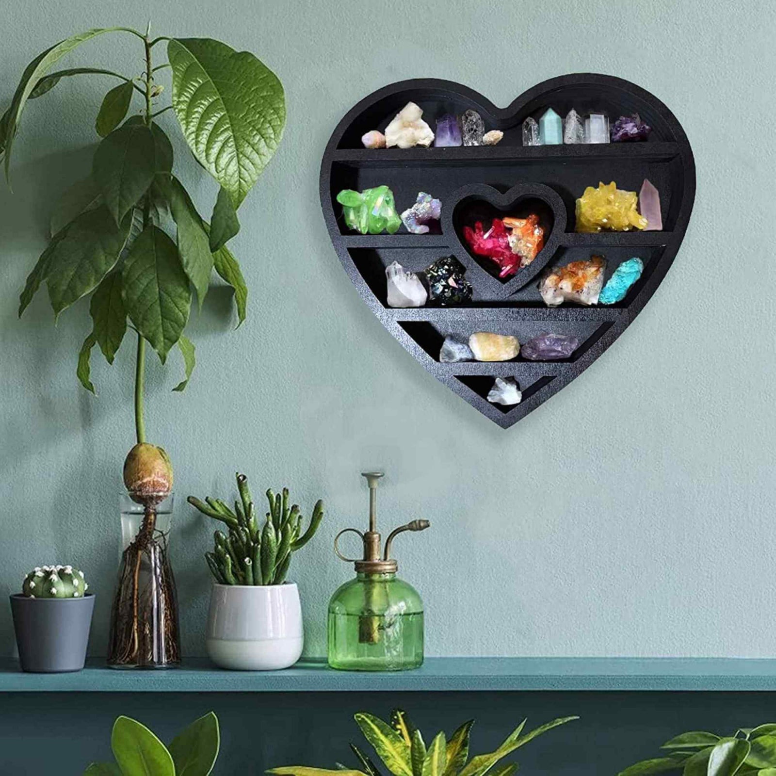 Mini Raft 30x30 cm expunere din lemn pentru cristale, uleiuri esentiale design inima - Decor pentru camera cu forma inima