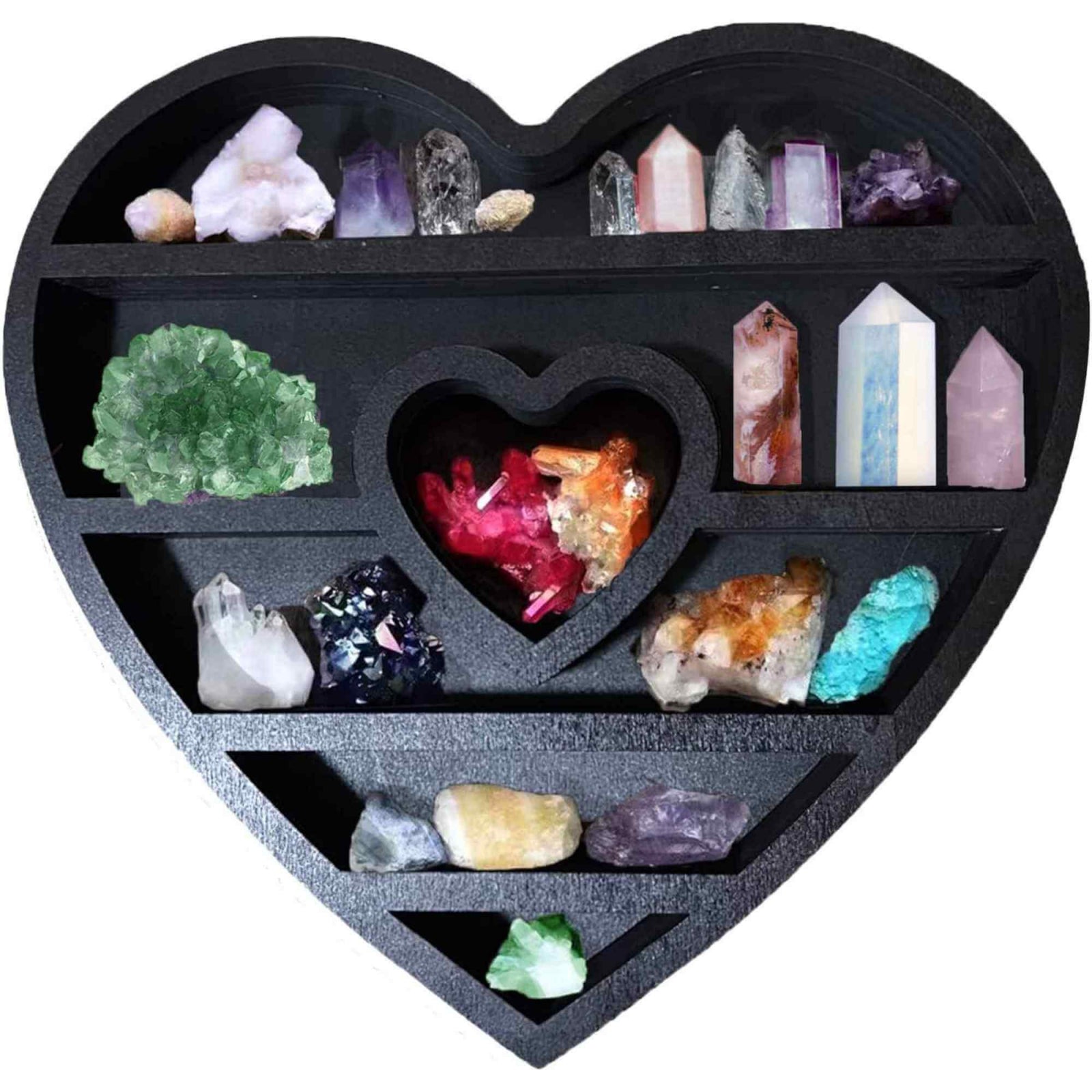 Mini Raft 30x30 cm expunere din lemn pentru cristale, uleiuri esentiale design inima - Decor pentru camera cu forma inima