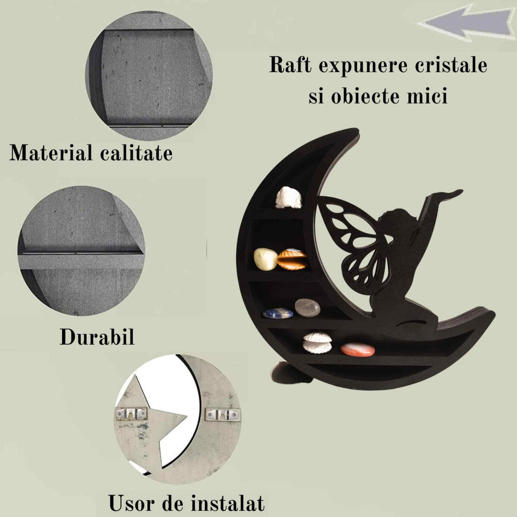 Mini Raft negru 30x30 cm expunere din lemn pentru cristale, uleiuri esentiale design Luna Stea - Decorare pentru camera